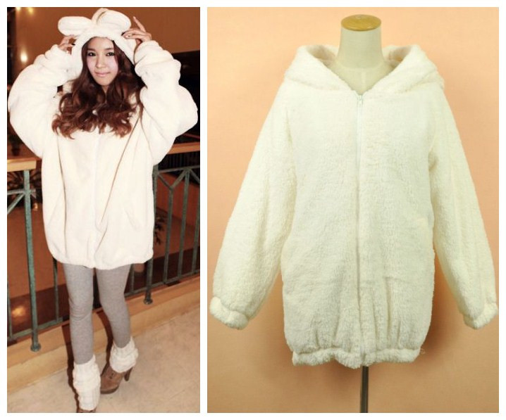 Free shipping Korean style 2012 women's  woolen bear or rabbit with a hood thickening cotton-padded overcoat  2 colors F size