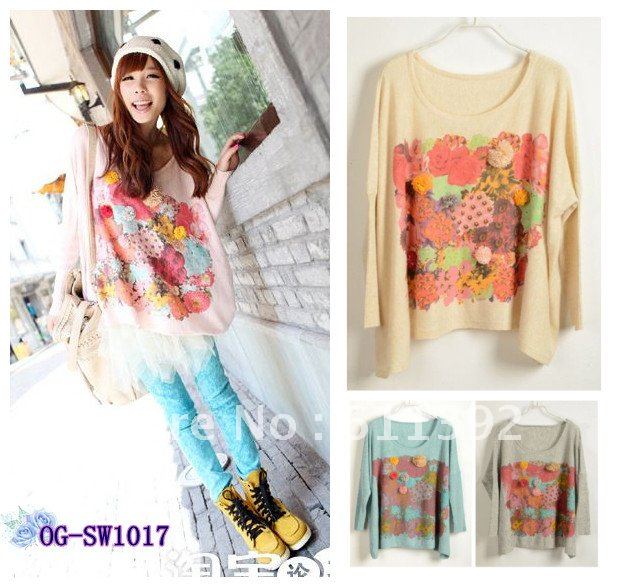 Free shipping, Korean Style 2013 tridimentional flowery print women casual soft angora sweater / bat pullovers / 3color F size