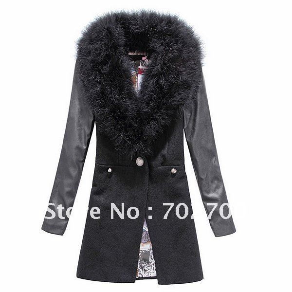 Free Shipping! Korean Style Fashion Noble Fur Collar Imitated Leather Sleeve Ladies' Winter Coat