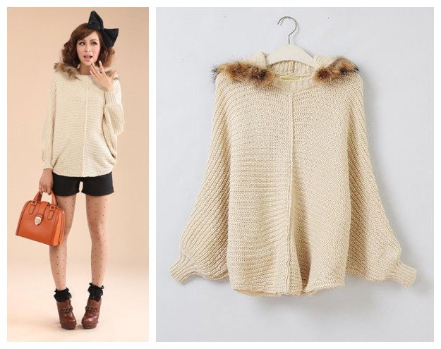 Free shipping Korean style women's autumn and winter rabbit fur with a hood batwing type sweater apricot F size