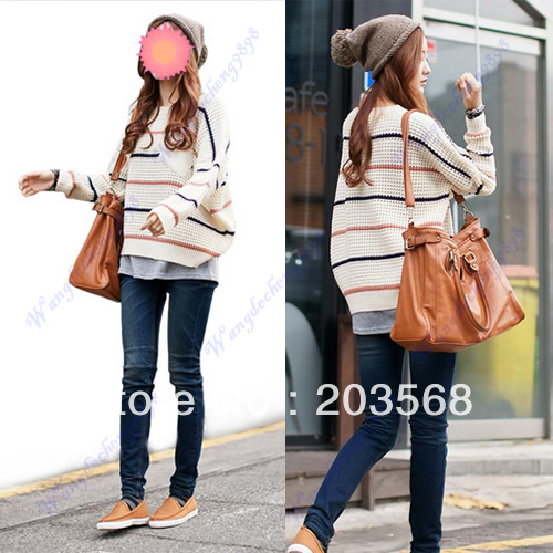 Free Shipping Korean Style Womens Striped Dumpy Baggy One Pocket Knitted Jumper Sweater Tops