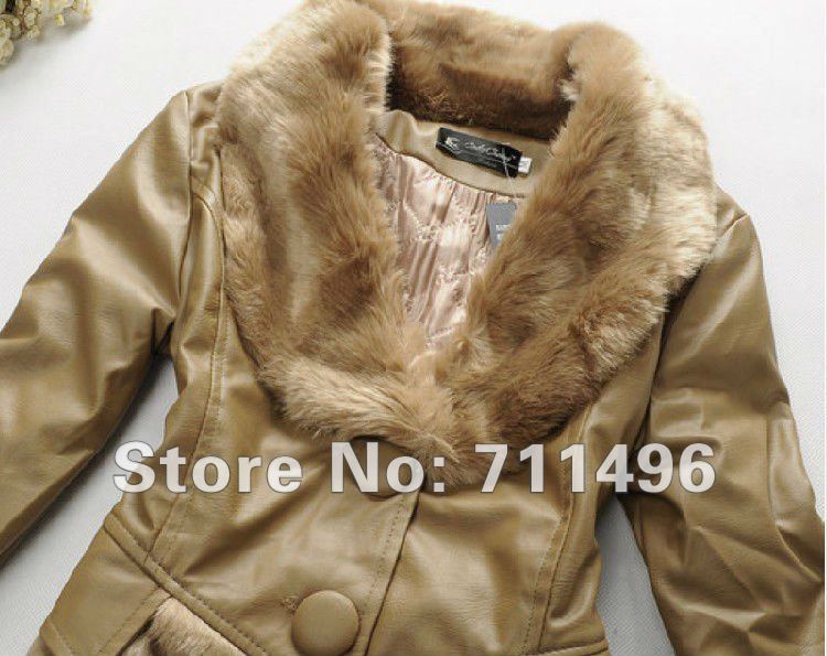 Free shipping,Korean version of women's leather high-grade PU splicing from warm wool single-breasted jacket