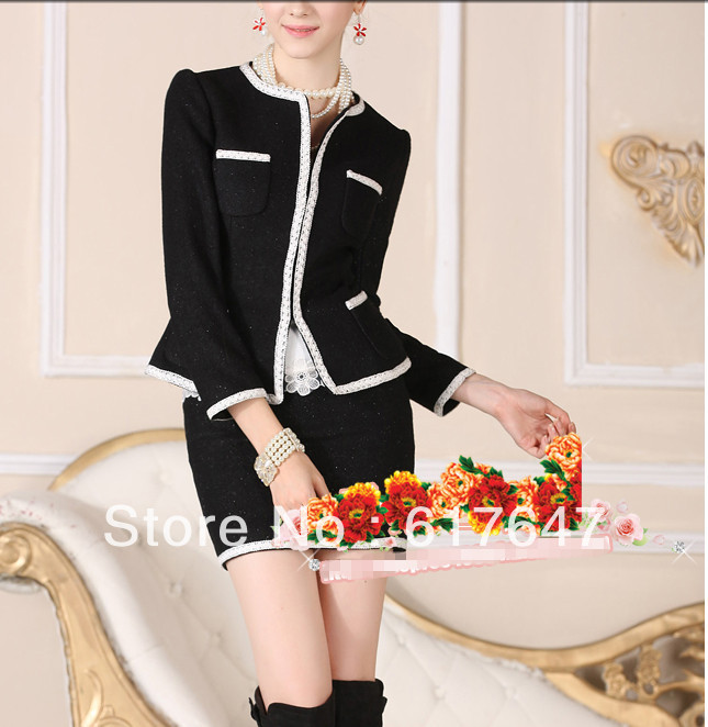 Free Shipping Korean Version Women Work Suit Silver Black Long Sleeve Skirt Suit Set,Coat+Skirt