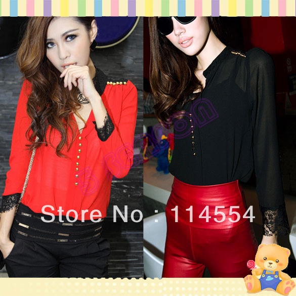 Free Shipping Korean Women's Loose Stand Collar Lace Splicing Long Sleeve Shirt Chiffon Blouse Tops 10017