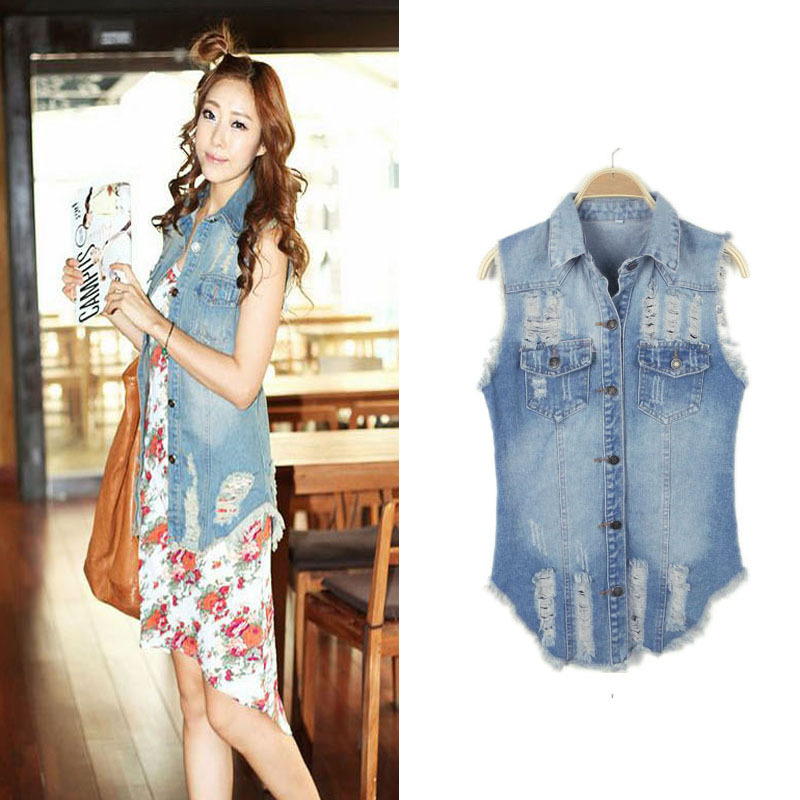 Free Shipping! Korean Women wear white washing shall side hole in the denim vest vest jacket long section