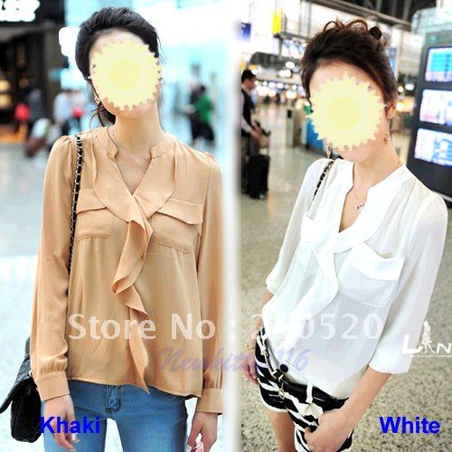 Free Shipping Korean Womens Stand Collar See-through Chiffon Blouse Shirt Tops White/Khaki