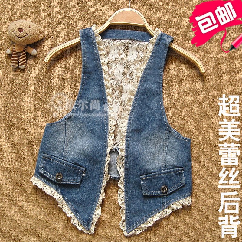 Free Shipping! Lace decoration denim vest vest women's summer small waistcoat