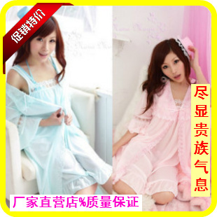 free shipping Lace female summer faux silk spaghetti strap robe twinset nightgown sexy sleepwear lounge     HH