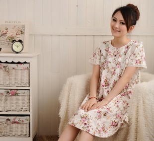 free shipping Lace rose woven cloth short-sleeve 100% cotton women's nightgown plus size plus size