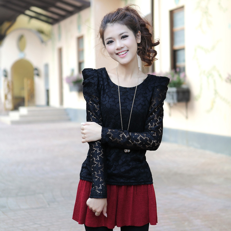 Free shipping Lace shirt puff sleeve lace basic top Women basic shirt