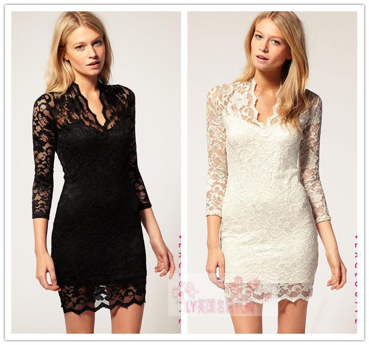 Free shipping  LACE SLIM V-NECK 3/4 SLEELE DRESS 3Size beautiful USD14.11  RG1208050