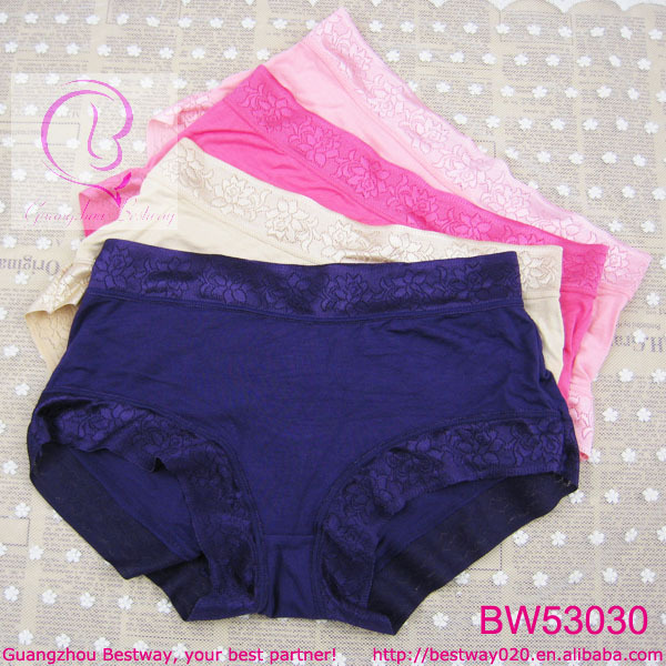 Free shipping Ladies bamboo fabric solid color knicker panty with floral side 10pcs/lot assorted color packed