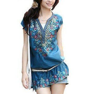 Free shipping Ladies bohemian embroidery v-neck dress slim long cotton dress plus size