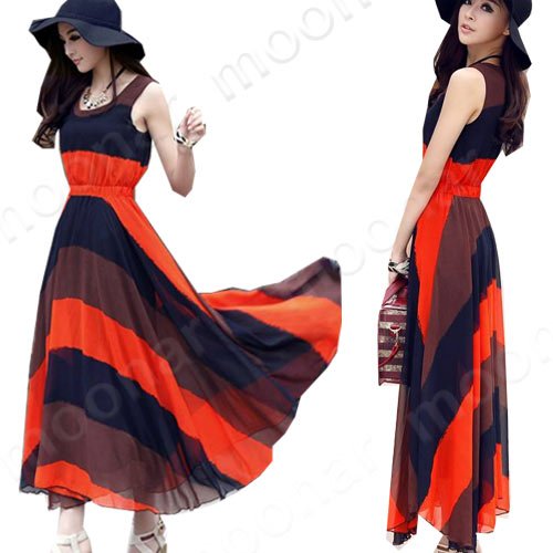 Free Shipping Ladies' Boho Summer Color Block Chiffon Long Pleated Stripe Sleeveless Dresses E0783