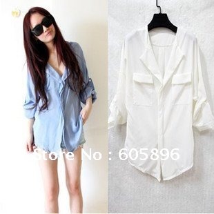 Free shipping- Ladies' casual shirts/spring& summer Cotton shirts-black white pink blue 4 colors free size loose style-cheap