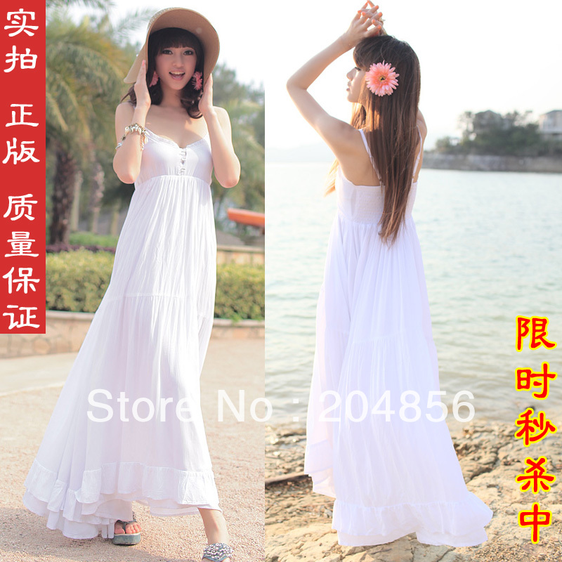 free shipping ladies' dress Spaghetti strap white long design one-piece fashion dress beach dress bohemia ultra long skirt