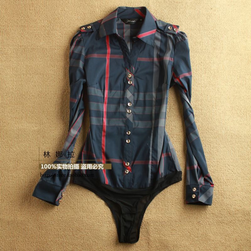 Free shipping!Ladies fashion dark blue plaid slim long-sleeve body shirts for woman