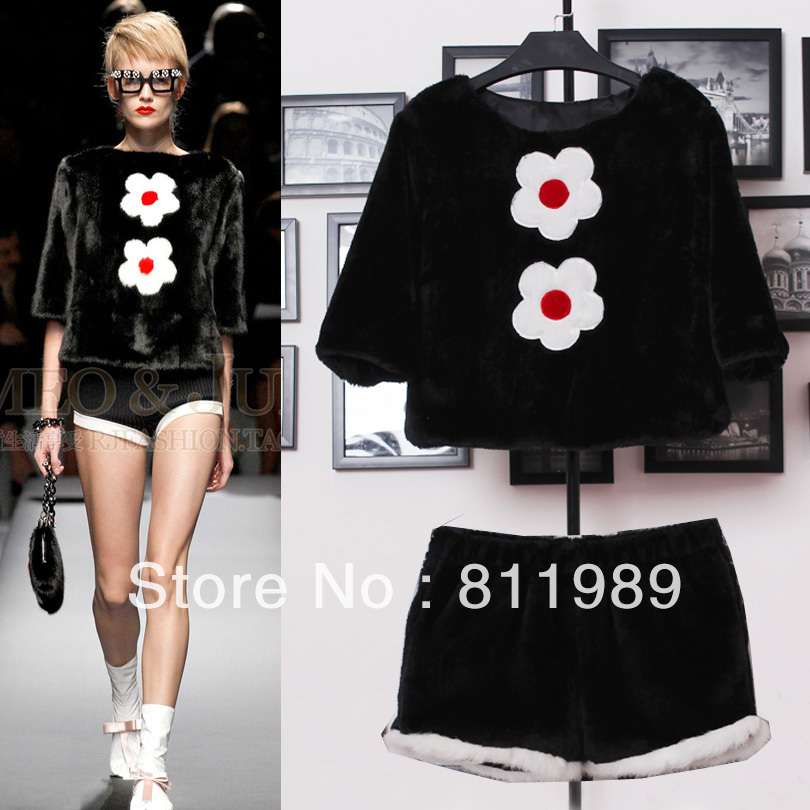 Free shipping ladies fashion fur coat 2013 fashion excellent marten velvet black flower fur short design top set