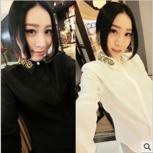 Free shipping ladies' Fashion gold thread embroidery turn-down collar chiffon shirt