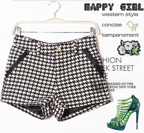 Free shipping,ladies' fashion houndstooth shorts,all-match black and white lattice shorts slim,spring,autumn,drop shipping,A093