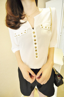 Free shipping ladies Fashion rivet V-neck half sleeve chiffon shirt