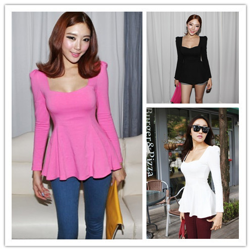 Free Shipping Ladies Fashion Sexy Sweetheart Square Collar Puff Long Sleeves Empire Waist Blouse Tops Shirts (Pink,White,Black)