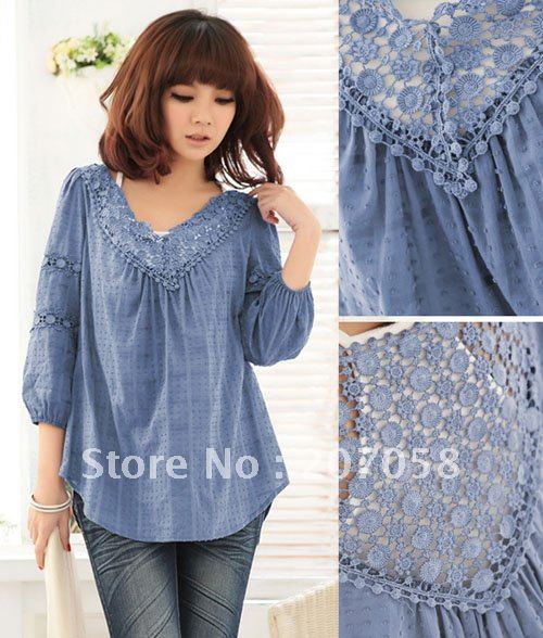 free shipping ladies fashion V neckline blouse  /plus size blouse + Top / 2 style in 1 2012  newly blouse