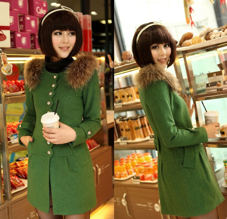 Free shipping! Ladies fur Collar coat  winter  women wool Coat orange&white&green&red Jacket  Overcoat   Blends down coat  6028