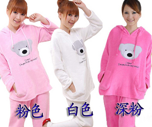 Free shipping ladies long sleeved hooded thickened coral cashmere thermal pajama set home furnishing