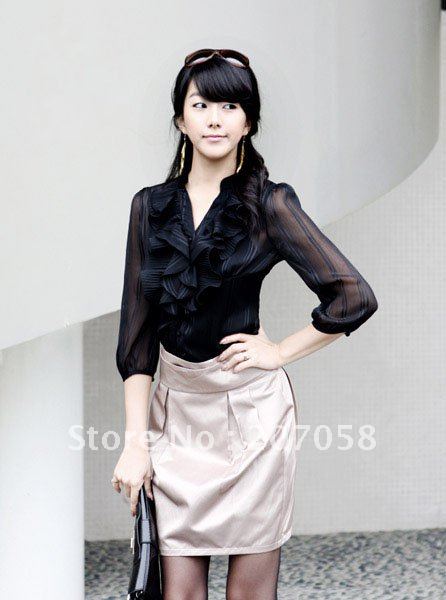 Free shipping ladies OL chiffon shirt with ruffle on neckline / 2pcs (chiffon shirt + vest ) 4XL