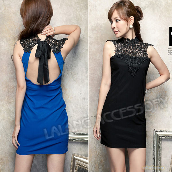 FREE SHIPPING Ladies Sexy Cotton Lace Patchwork Dress Blue/Black Color Tie Neck Halter Classical Slim Dress 1pcs/lot 651081