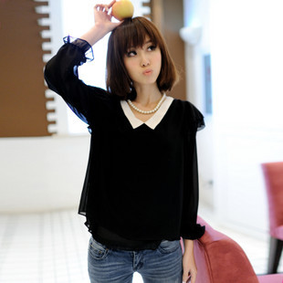 Free shipping ladies spring and summer ruffle sleeve small V-neck double layer chiffon shirt