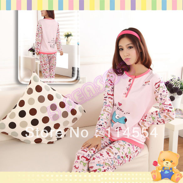 Free Shipping Ladies Women's Cute Cartoon Dog Long Sleeve Cotton Pajamas Sleepwear Home Wear 11176