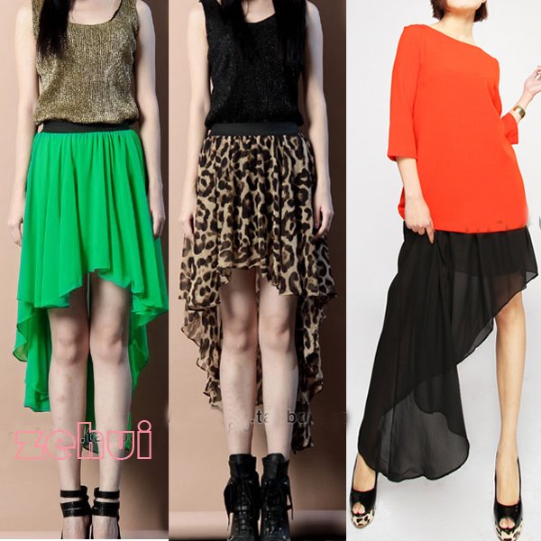 Free shipping lady Irregular Wide Hem Chiffon Black Waist Summer Skirt