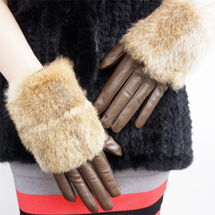 Free Shipping Lady Leather Wool Rabbit Hair Dermal Fleece-Lined Warm Leather Gloves Color