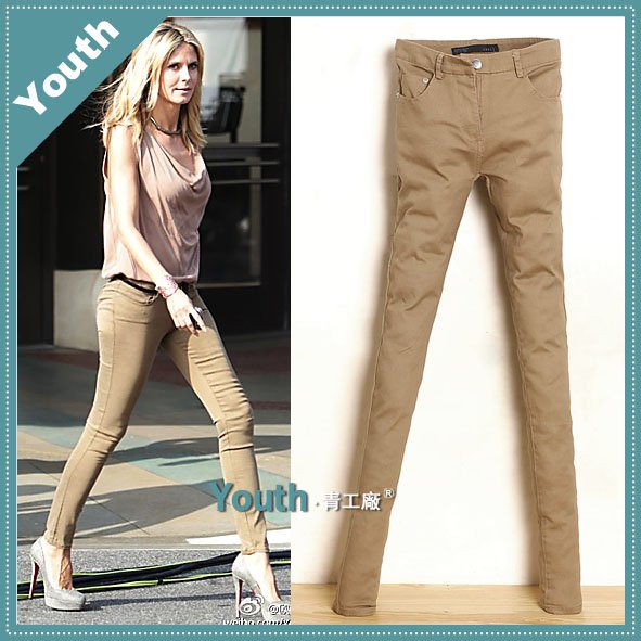 free shipping lady mid waist pencil trousers/lady pants/lady casual pants khaki color