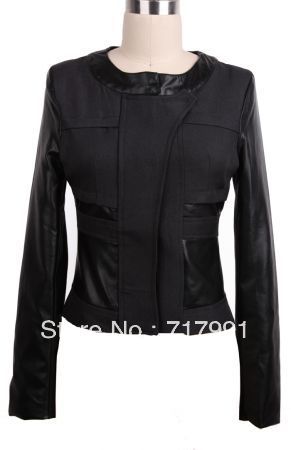 Free Shipping Lady's Cool Stylish Black Contrast PU Leather Sleeve Crop Coat