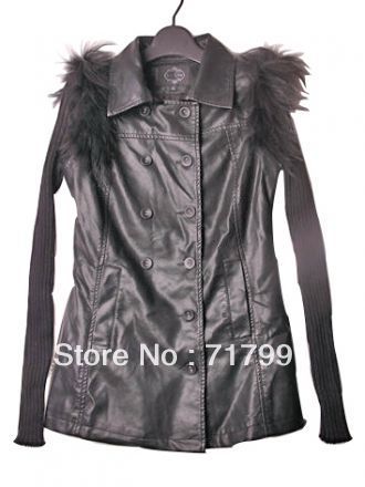 Free Shipping Lady's Cool Stylish Black Detachable Faux Fur Shoulder Knitted Sleeve PU Leather Coat