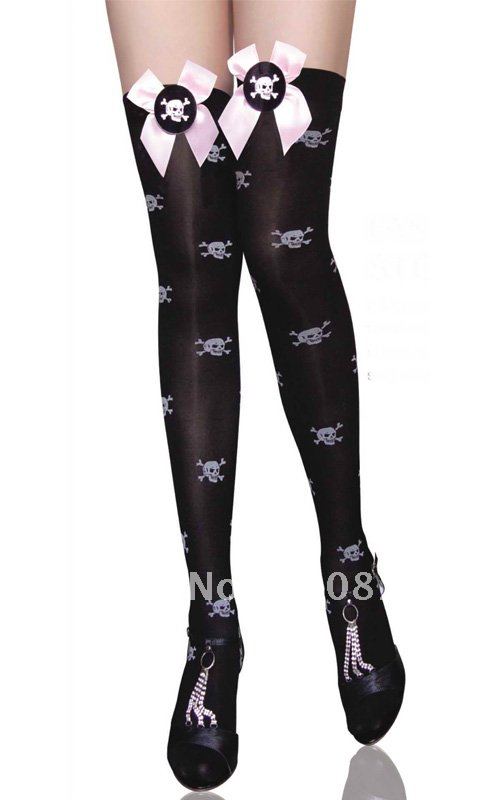 Free Shipping! Lady's Long Fashion Stockings Sexy Knee High Stockings Silk Stocking Lady's Sexy Cool Skull Heads Stocking