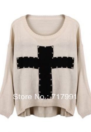 Free Shipping Lady's New Stylish Apricot Rivet Embellished Cross Pattern Dip Hem Sweater