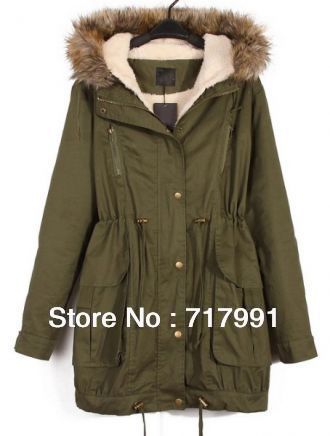 Free Shipping Lady's New Stylish Green Fur Hooded Long Sleeve Zipper Drawstring Coat