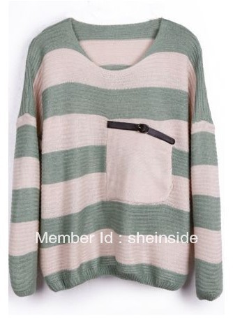 Free Shipping Lady's New Stylish Green Stripes Loose Sweater with Pocket