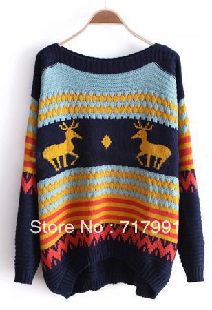 Free Shipping Lady's New Stylish Navy and Blue Striped Deer Boat Neck Sweater