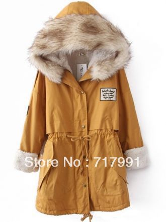 Free Shipping Lady's New Stylish Yellow Fur Hooded Zipper Embellished Fleece Inside Military Coat