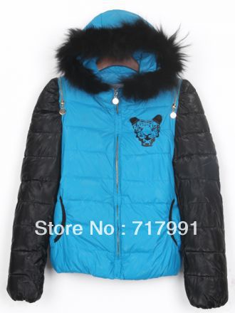 Free Shipping Lady's New Winter Blue Tiger Back Zip Shoulder Black Sleeve Hooded Padded Jacket