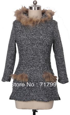 Free Shipping Lady's New Winter Grey Fur Trimed Hooded and Pockets Tweed Long Coat