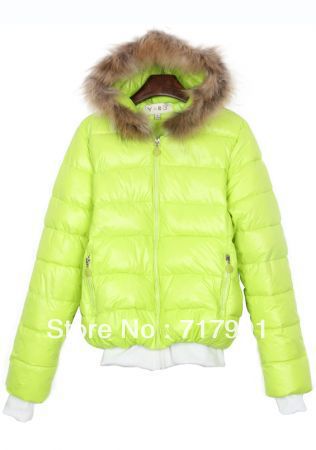 Free Shipping Lady's New Winter Lime Green Faux Fur Hooded Contrast Trims Padded Jacket