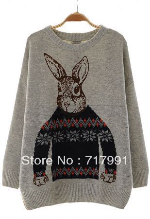 Free Shipping Lady's Stylish Beautiful Grey Batwing Long Sleeve Rabbit Print Sweater