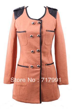 Free Shipping Lady's Stylish Beautiful Khaki Contrast PU Leather Shoulder Trimmed Double Breatsed Coat