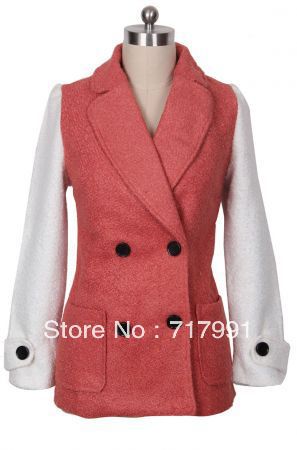 Free Shipping Lady's Stylish Beautiful Red Contrast Sleeve Double Breasted Winter Coat